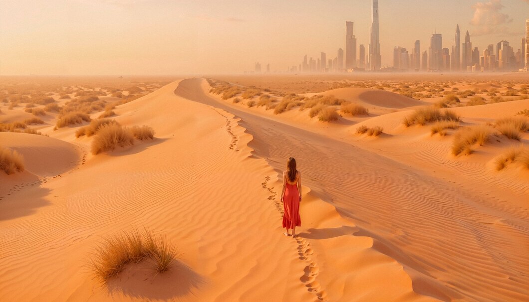 donna-che-cammina-su-dune-di-sabbia-con-uno-skyline-della-citta-in-lontananza_23-2151963015